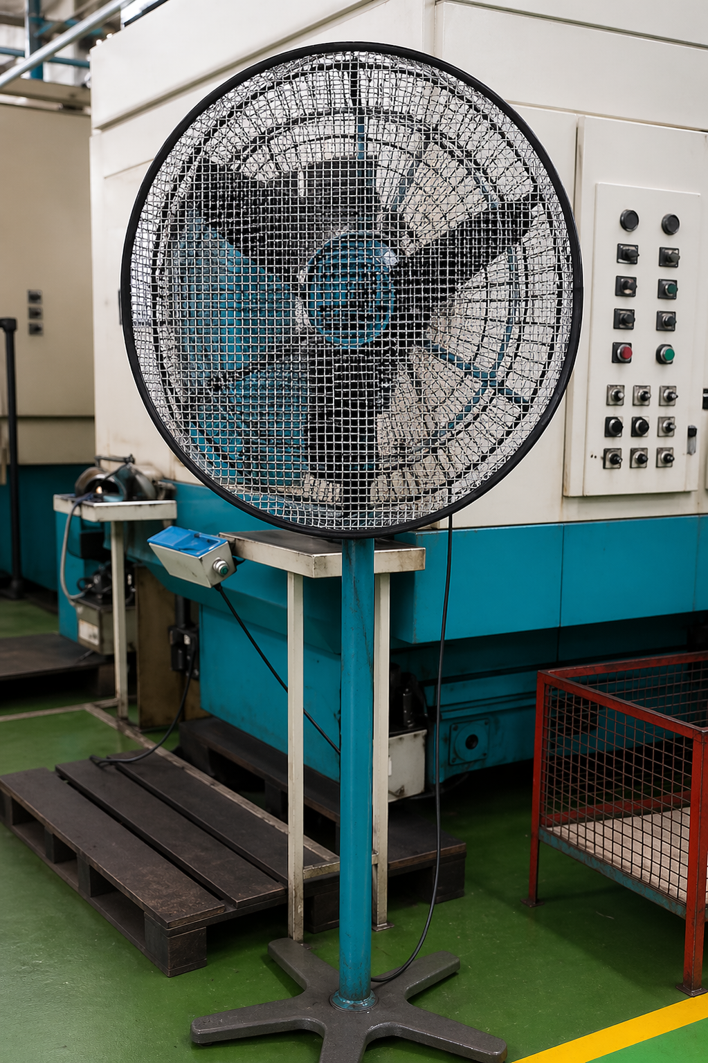 Industrial pedestal fan with safety net cover in factory