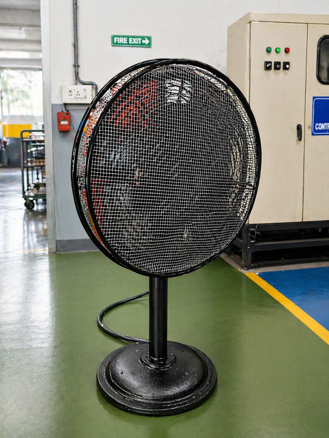 Heavy duty table fan guard in manufacturing plant
